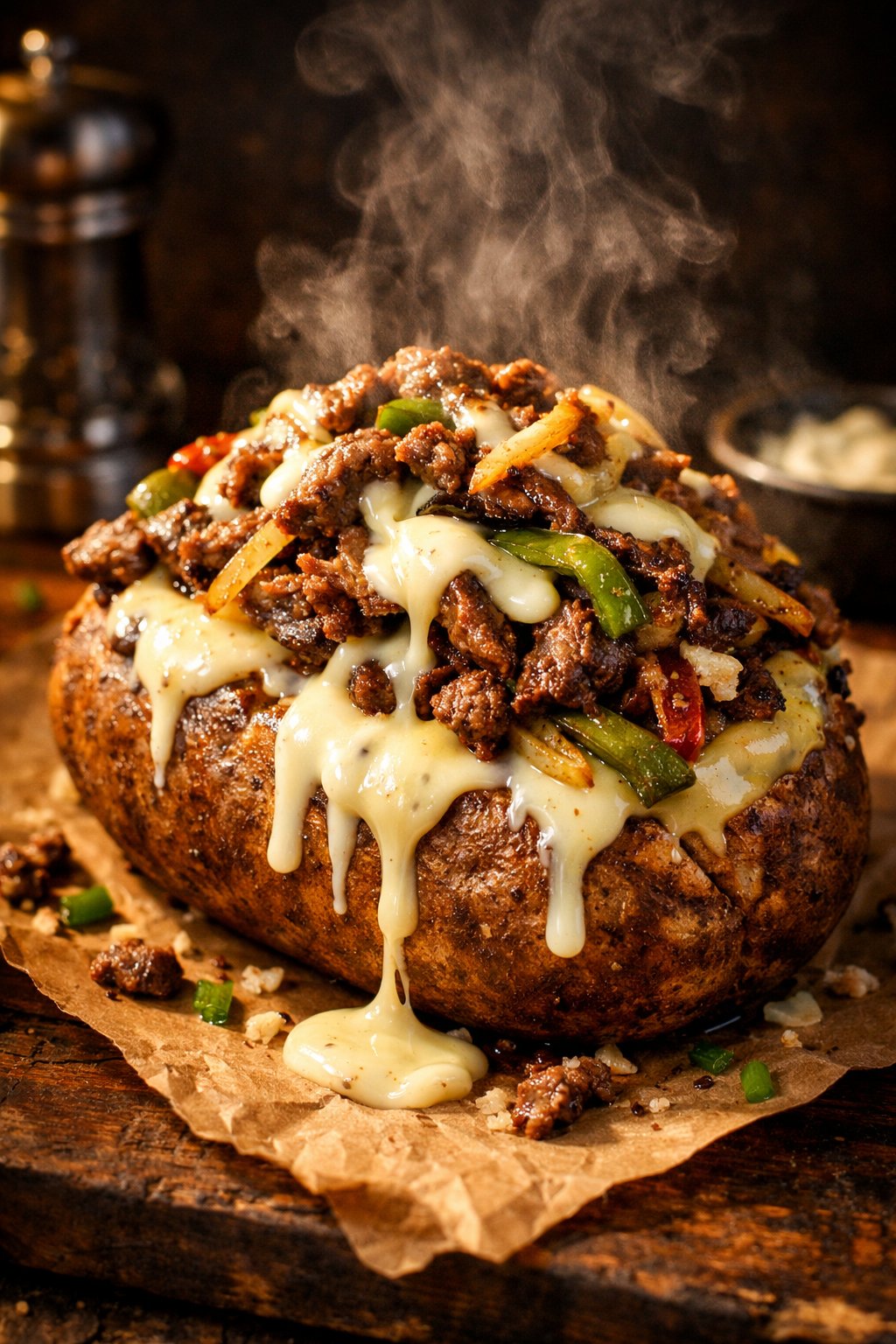Philly Cheesesteak Loaded Potato with peppers and onions