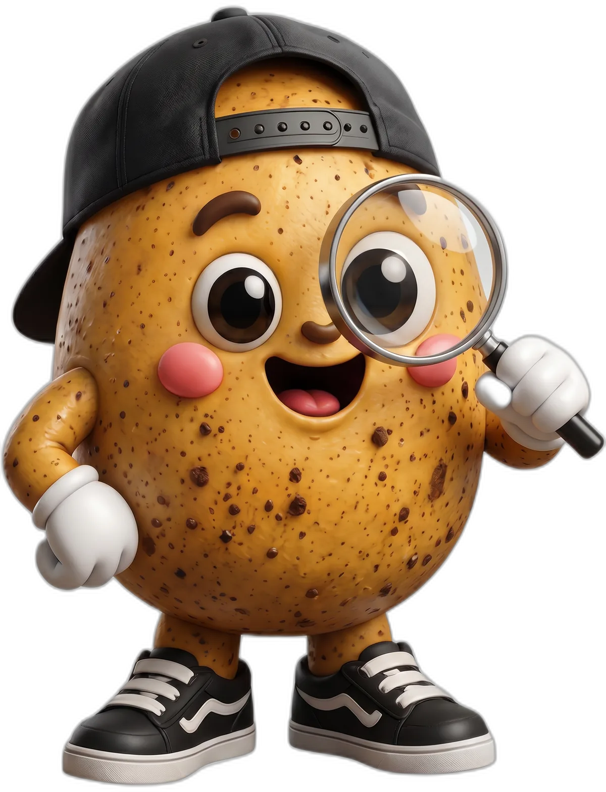 Dirty Potato mascot with a magnifying glass